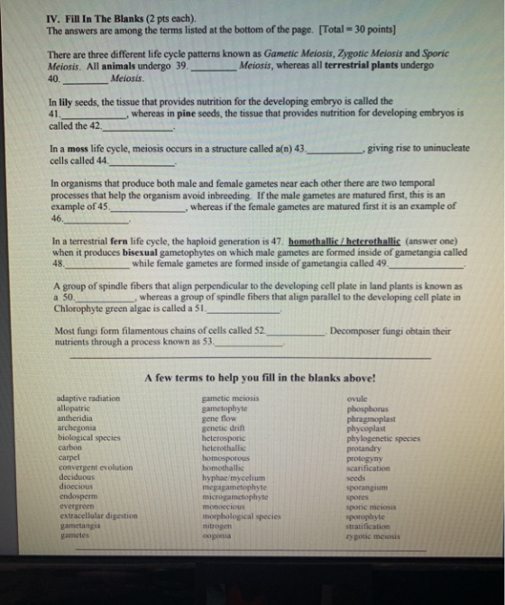 IV. Fill In The Blanks (2 pts each). The answers are among the terms listed at the bottom of the page. [Total = 30 points The