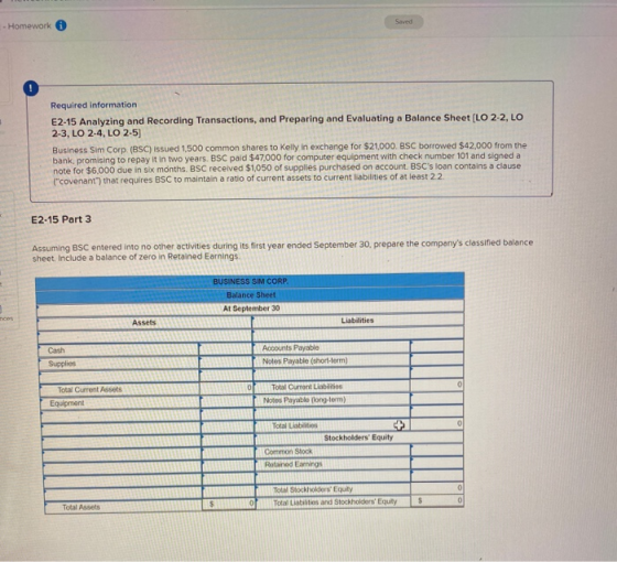 - Homework Required information E2-15 Analyzing and Recording Transactions, and Preparing and Evaluating a Balance Sheet (LO