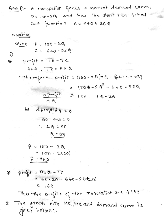 Am스 f. A monopolist ąnces ·markt demand curve, Given ρ 100-24 스20 p 스#60 6ox 20-640-20 20) -Thus-the prolửa 엊.the monopolist are 160 TheaTaph with MR,Mc and demand curve 1s given belouo