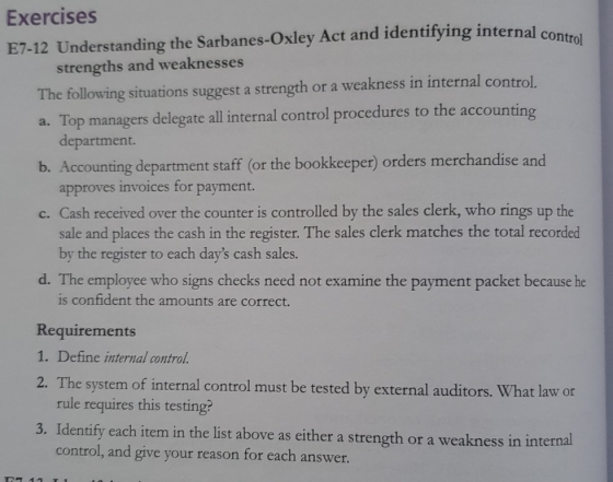 Exercises E7-12 Understanding the Sarbanes-Oxley Act and identifying internal conte strengths and weaknesses The following si
