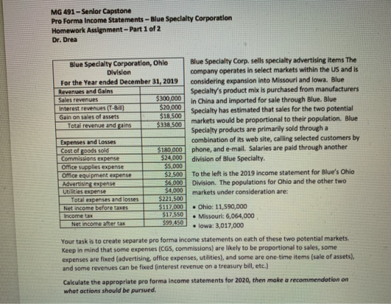MG 491 - Senior Capstone Pro Forma Income Statements - Blue Specialty Corporation Homework Assignment - Part 1 of 2 Dr. Drea