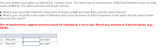 You have written a put option on Diebold Inc. common stock. The option has an exercise price of $42 and Diebolds stock curre