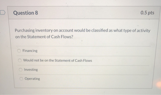 Question 8 0.5 pts Purchasing inventory on account would be classified as what type of activity on the Statement of Cash Flow