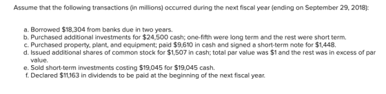 Assume that the following transactions in millions) occurred during the next fiscal year (ending on September 29, 2018): a. B