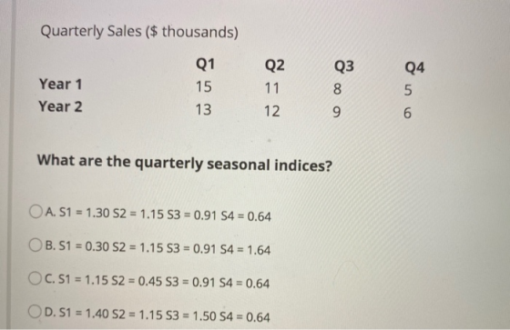 Quarterly Sales ($ thousands) Q1 Q3 15 Q2 11 12 Q4 5 Year 1 Year 2 8 13 9 6 What are the quarterly seasonal indices? OA. S1 =