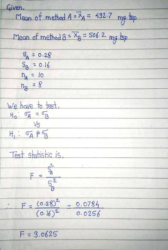 Given Plean of method A-XA- 492.7 Mean of method 88506 2 mg tsp 9, = 0.28 SB 0.16 8 We have to test VS Test statishic is, 2. 2. (0.28)一0.0784 (o. 62o. 0256 F = 3.0625