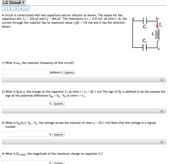 Image for A circuit is constructed with two capacitors and an inductor as shown. The values for the capacitors are: C1 =