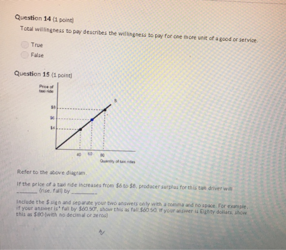 Question 14 (1 point) Total willingness to pay describes the willingness to pay for one more unit of a good or service. True False Question 15 (1 point Price of tao ride $8 40 60 80 Quantity of taxi ndes Refer to the above diagram. if the price of a taxi ride increases from $6 to $8, producer surplus for this taxi driver will frise, fall) by Include the $ sig n and separate your two answers on ly with a comma and no space. For example if your answer is fall by $60.50, show this as fall, $60.50. If your answer is Eighty dollars, shovw this as $80 (with no decimal or ze ros)