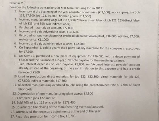 Exercise 2 osder he olowing transactions for Star Manufacturing Inc in 2017/ 1. Inventory at the beginning of the year consisted of materials ( 3,500), work in progress (job 122, 7,500; job 123, 4,800), finished goods (11,500) 2. Incurred manufacturing wages of € 112,000 (20% was direct labor ofjob 122, 25% direct labor of job 123, and 55% was indirect labor). 3. Purchased materials on account, 72,000 4. Incurred and paid Advertising costs, 33,600. 5. Recorded various manufacturing overhead: depreciation on plant, 36,000; utilities, 7,500; maintenance, 11,000. 6. Incurred and paid administrative salaries, 22,200. 7. On September 1, paid a yearly third party liability insurance for the companys executives for 7,500 8. On May 15, purchased a new piece of equipment for 76,000, with a down payment of €7,000 and the issuance of a 2-year, 7% note payable for the remaining balance. 9. Paid interest expenses on loan payable, 3,800. An Accrued interest payable account already existed at the beginning of the year in relation to this expense and had a credit balance of 900. 10. Used in production: direct materials for job 122, 22,800; direct materials for job 123, 27,800; indirect materials, 17,800. 11. Allocated manufacturing overhead to jobs using the predetermined rate of 220% of direct labor costs. 12. Depreciation of non-manufacturing plant assets: 4,500 13. Completed jobs 122 and 123. 14. Sold 70% of job 122 on credit for €178,400 15. Journalized the closing of the manufacturing overhead account 16. Journalized the necessary adjustments at the end of the year. 17. Recorded provision for income tax, 5,700