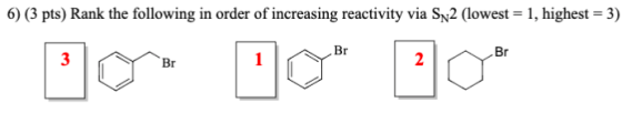 6) (3 pts) Rank the following in order of increasing reactivity via Sp2 (lowest = 1, highest = 3)