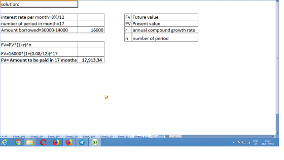 solution: interest rate per month:8%/12 number of period in month-17 Amount borrowed 30000-14000 FV Future value PV Present value r annual compound growth rate n number of period 16000 FV-PV* (1+r)An FV-16000 (1+(0.08/12»-17 FVAmount to be paid in 17 months 17,913.34 Sheel 105 Sheel 106 Sheetl 107 Sheet1 108 Sheet1 109Sheet1110 Sheeti 111 Sheet1112 ENG TOll US 07/01/2019 11:04