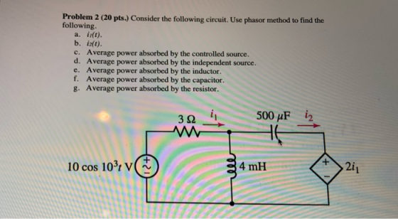 Problem 2 (20 pts. Consider the following circuit. Use phasor method to find the following a. i(t). b. iz(t). c. Average powe