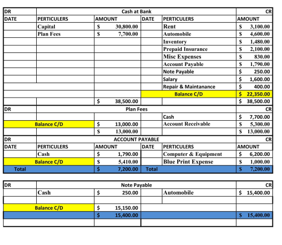 DR CR DATE AMOUNT PERTICULERS Capital Plan Fees Cash at Bank AMOUNT DATE PERTICULERS $ 30,800.00 Rent $ 7,700.00 Automobile I