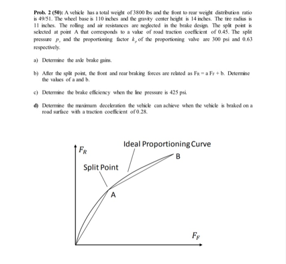 Prob. 2 (50): A vehicle has a total weight of 3800 lbs and the front to rear weight distribution ratio is 49/51. The wheel ba
