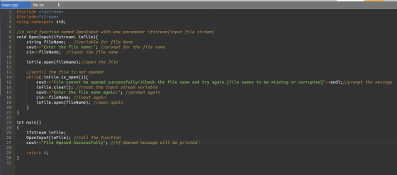 1 #include <iostream> 2 #include<fstream> 3 using namespace std; //a void function named Open Input with one parameter ifstre