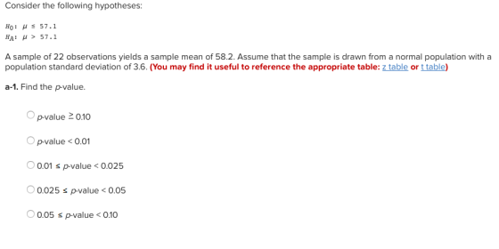 Consider the following hypotheses: Ho: μ s 57.1 HA: μ > 57.1 A sample of 22 observations yields a sample mean of 58.2. Assume that the sample is drawn from a normal population with a population standard deviation of 3.6. (You may find it useful to reference the appropriate table: z table or t table) a-1. Find the p-value. pvalue 20.10 Op-value0.01 0.01 s p-value<0.025 0.025 s p-value 0.05 0.05 s p-value<0.10