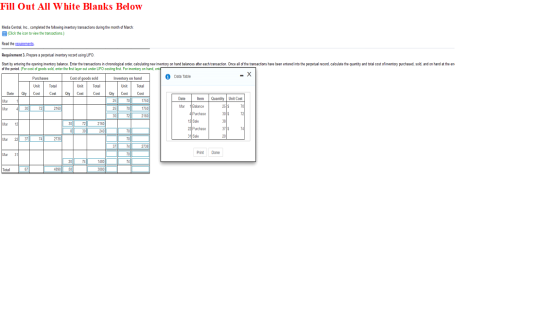 Fill Out All White Blanks Below Media Central, Inc., completed the folowing inventory transactions during the month of March