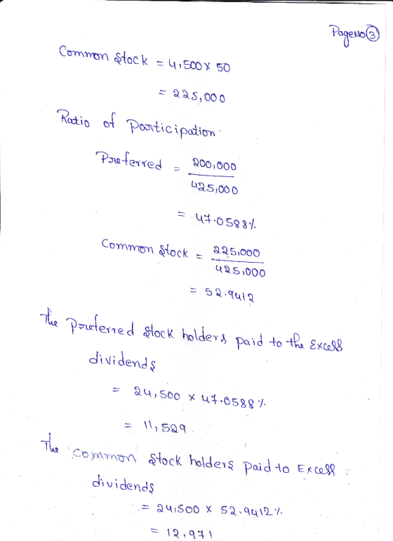 Pagento Common stock = 4,500X 50 = 225,000 Ratio of participation Poreferred - 200,000 Ua5,000 = 47.05884. Common stock - 225