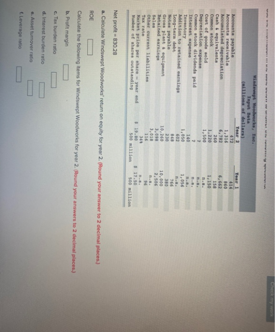 Check my work U HUU MIU MIU your Wind wept Woodworks, Inc. Input Data (millions of dollars) Year 2 Accounts payable 472 Accou