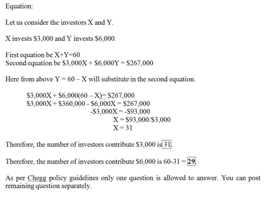 Equation: Let us consider the investors X and Y X invests $3,000 and Y invests $6,000. First equation be X Y-60 Second equation be S3,000X + $6,000Y $267,000 Here from above Y 60- X will substitute in the second equation S3,000X + $6,000(60- X)-S267,000 S3,000X+ $360,000 - $6,000X-$267,000 $3,000X- -$93,000 X-S93,000/$3,000 X 31 Therefore, the number of investors contribute S3,000 is 31 Therefore, the number of investors contribute S6,000 is 60-31-29 As per HOMEWORKLIB POLICY guidelines only one question is allowed to answer. You can post remaining question separatelv