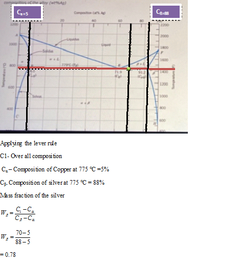 Cos Ce=B8 2000 - F 1600 WCOW 1200 Applying the lever rule C1- Over all composition Co- Composition of Copper at 775 °C -5% Cs
