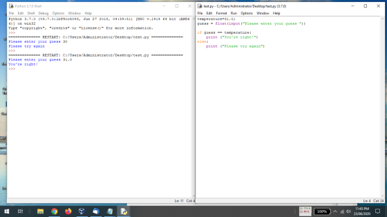 х lè Python 3.7.0 Shell test.py - C:/Users/Administrator/Desktop/test.py (3.7.0) File Edit Shell Debug Options Window Help Fi
