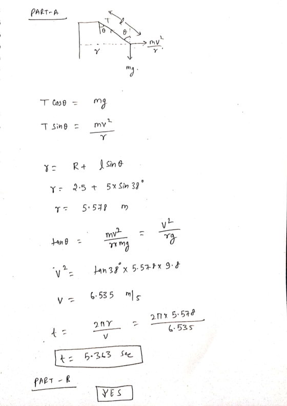 PART-A MV T Coso = mg T sing = mre T sino - my 8= Rt e sino Y: 2,5 + 5x Sin 38° g= 5.578 m . med 14 tano - 2 = :tan 38 x 5.57