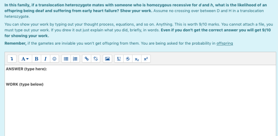 In this family, if a translocation heterozygote mates with someone who is homozygous recessive for d and h, what is the likel