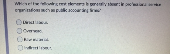 Which of the following cost elements is generally absent in professional service organizations such as public accounting firm