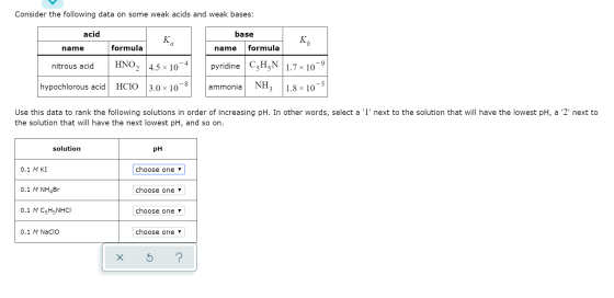Consider the following data on some weak acids and weak bases: acid Ky name formula nitrous acid HNO2 4.5 x 10-4 base name fo