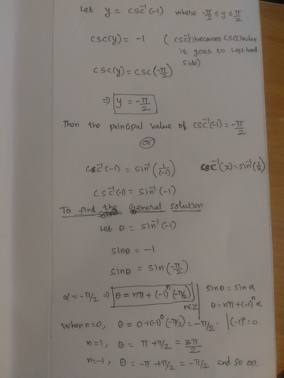 Let y = CSC (-1) where - I sy sI. side) csccy) = -1 (esco becomes CSC When - it goes to Lest hand csccy) = CSc (-I) S y = - t