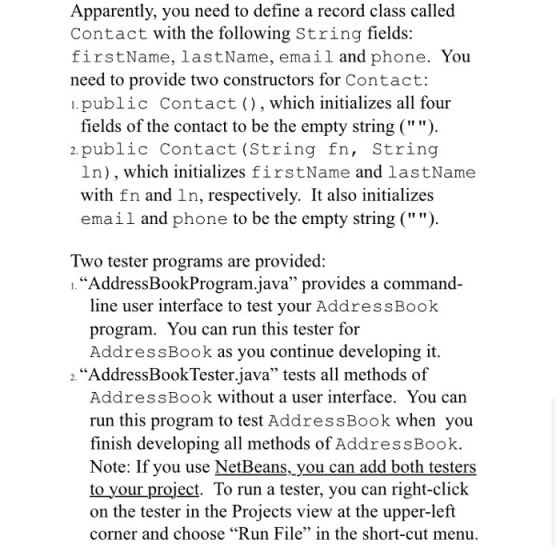 Apparently, you need to define a record class called Contact with the following String fields: firstName, lastName, email and