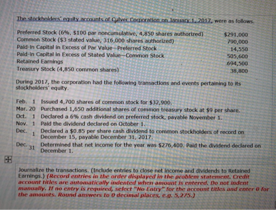 The stockholders equity accounts of Culver Corporation on January 1, 2017, were as follows. Preferred Stock (6%, $100 par no
