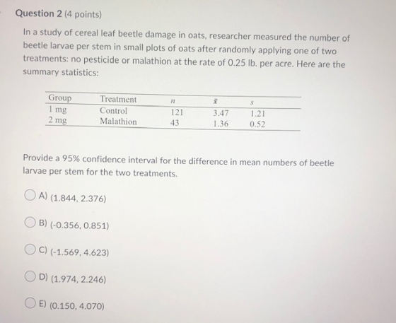 Question 2 (4 points) In a study of cereal leaf beetle damage in oats, researcher measured the number of beetle larvae per st