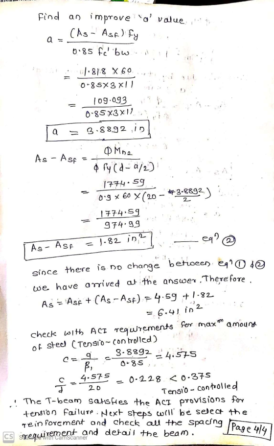 = a 0.41 in 2 find an improve a value, (As- Asf)fy a 0.85 fc bw 1.1.818 x 60 0-85X3 XII 109.093 0-85x3x11 3.8892, in Moe As