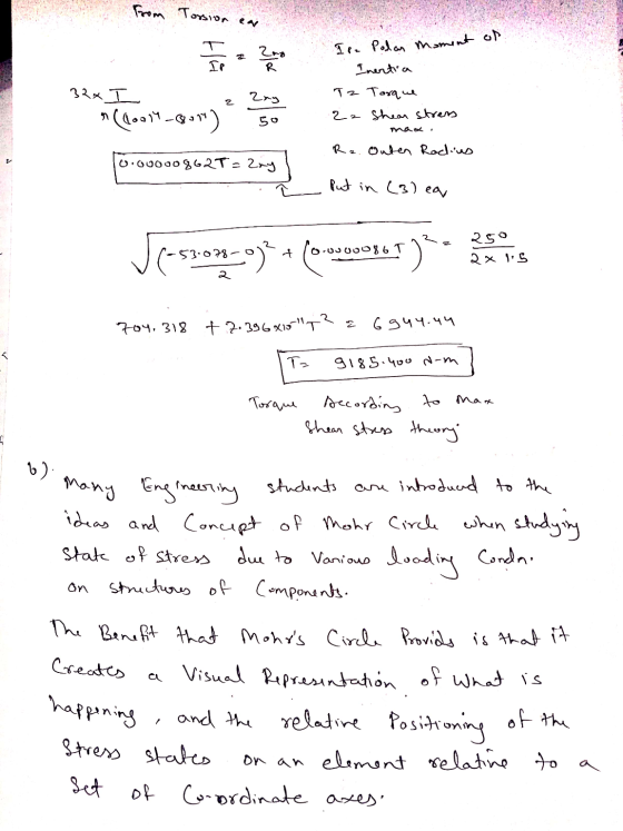From Torsion ear 7 7 1 = 22 Ipe Polar moment of zny Inertia T2 Torque 22 Shear stress 32x I m ( coa14_809) 2 50 Rz.Outen Radi