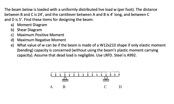 The beam below is loaded with a uniformly distributed live load w (per foot). The distance between B and C is 24, and the ca