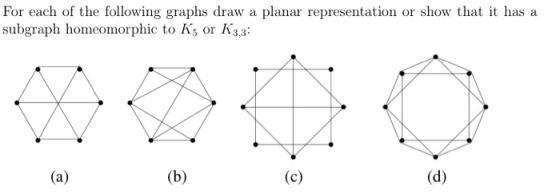 For each of the following graphs draw a planar representation or show that it has a subgraph homeomorphic to K; or K3,3: (a)