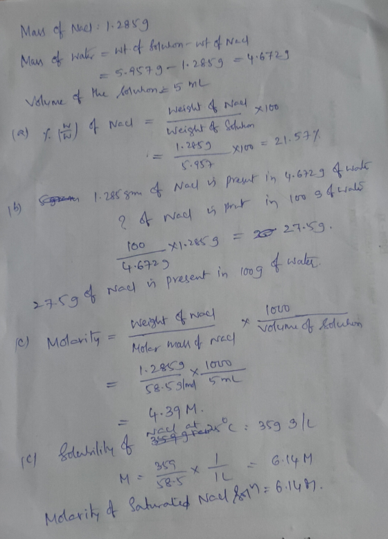 x 160 Mass of Nael 1.2859 Man of water - wit of solchon-wrt of way = 5.4579 -1.2859 -46729 Volume of the solchone 5 mL (2) 4.