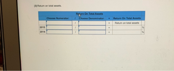 (3) Return on total assets. Return On Total Assets Choose Denominator: Choose Numerator: Return On Total Assets Return on tot