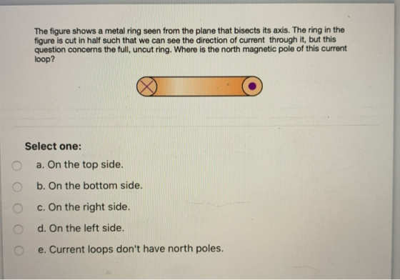 The figure shows a metal ring seen from the plane that bisects its axis. The ring in the figure is cut in half such that we c