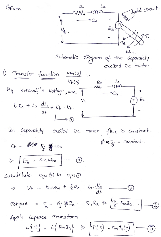 Given. Ra Moom E field Circuit sla -Te. X - Wm. Schematic diagram of the separately. I encited DC motor. i) Transfer function