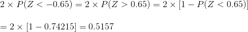 \\2\times P(Z<-0.65)=2\times P(Z>0.65)= 2\times [1-P(Z<0.65)]\\ \\ =2\times [1-0.74215]=0.5157