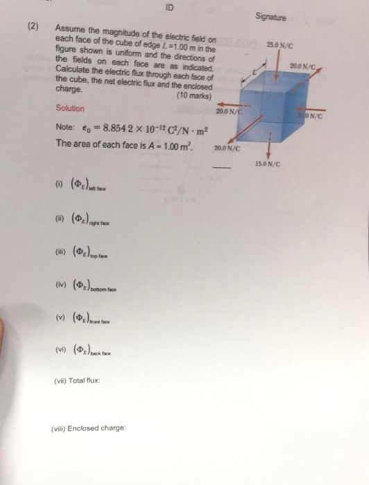 ID Signature (2) Assume the magnitude of the electric field on each face of the cube of edge L-1.00 m in the figure shown is