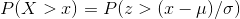 P(X>x) = P(z>(x-\mu)/\sigma)