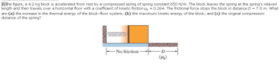 In the figure, a 4.2 kg block is accelerated from rest by a compressed spring of spring constant 650 N/m. The block leaves th