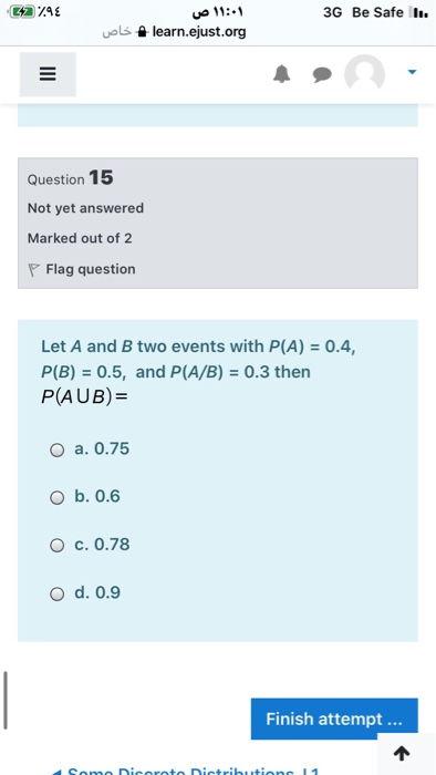 642 79€ 3G Be Safe I. ۱۱:۰۱ ص learn.ejust.org و خاص Question 15 Not yet answered Marked out of 2 P Flag question Let A and B