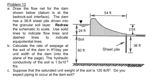 Problem 13 a. Draw the flow net for the dam shown below (datum is at the 54 ft bedrock-soil interface). The dam has a 36-ft s
