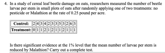 4. In a study of cereal leaf beetle damage on oats, researchers measured the number of beetle larvae per stem in small plots