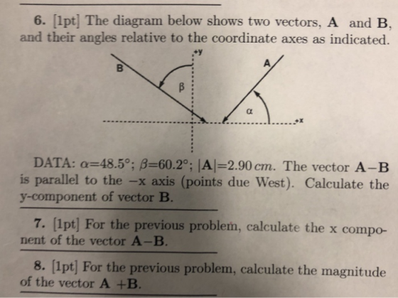 6. 1pt The diagram below shows two vectors, A and B and their angles relative to the coordinate axes as indicated DATA: α=48.5°. β=60.2°. A=2.90 cm. The vector A-B is parallel to the -x axis (points due West). Calculate the 7. Llpl For the previous problem, calculate the x compo- 8. [ipt] For the previous problem, calculate the magnitude y-component of vector B nent of the vector A-B. of the vector A +EB